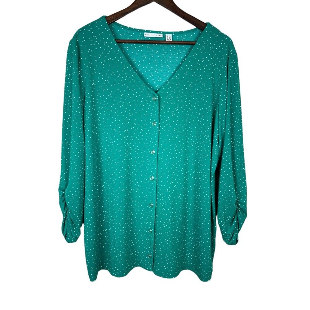 Susan Graver Top Womens 1X Green Polka Dot Button Up Down 3/4 Ruch Sleeve V-Neck